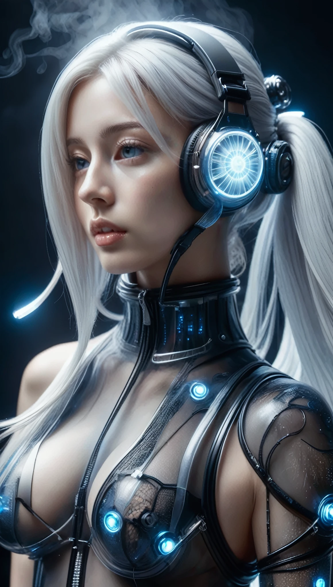 (nsfw:1.2), masterpiece, Best Quality, Realistic, Futuristic, 
BREAK 
beautiful young woman with blue eyes, ig model, high detail, render of april, (wide angle, sitting, all body shot, full body in frame:1.3), 

BREAK 
 (very slim waist:1.2), (huge breasts, cleavage, large buttocks), beautiful muscle long legs, exuding a sculptural beauty, White and beautiful Silky and oily skin, 
hyper small head, 

BREAK (Cyber gear:1.2), (all black fashion art:1.2),
See-through black gear with multiple elastic black neon harnesses for clothing, Designed White led harness, serene expression, futuristic accessories, White neon trim and hem, reflective See-through surface, minimalistic beauty, wearing black technical Sneakers, advanced technology, harmonious stance, striking simplicity, 
BREAK Detailed face and eyes, cute and Pretty slim face, Duck mouth, perfect beautiful Tooth, arranged gray hair, looking viewer, 
BREAK 
 (In a dimly lit room, the White neon glows brilliantly, The interior of a futuristic colony, with mist drifting and steam rising from concrete),