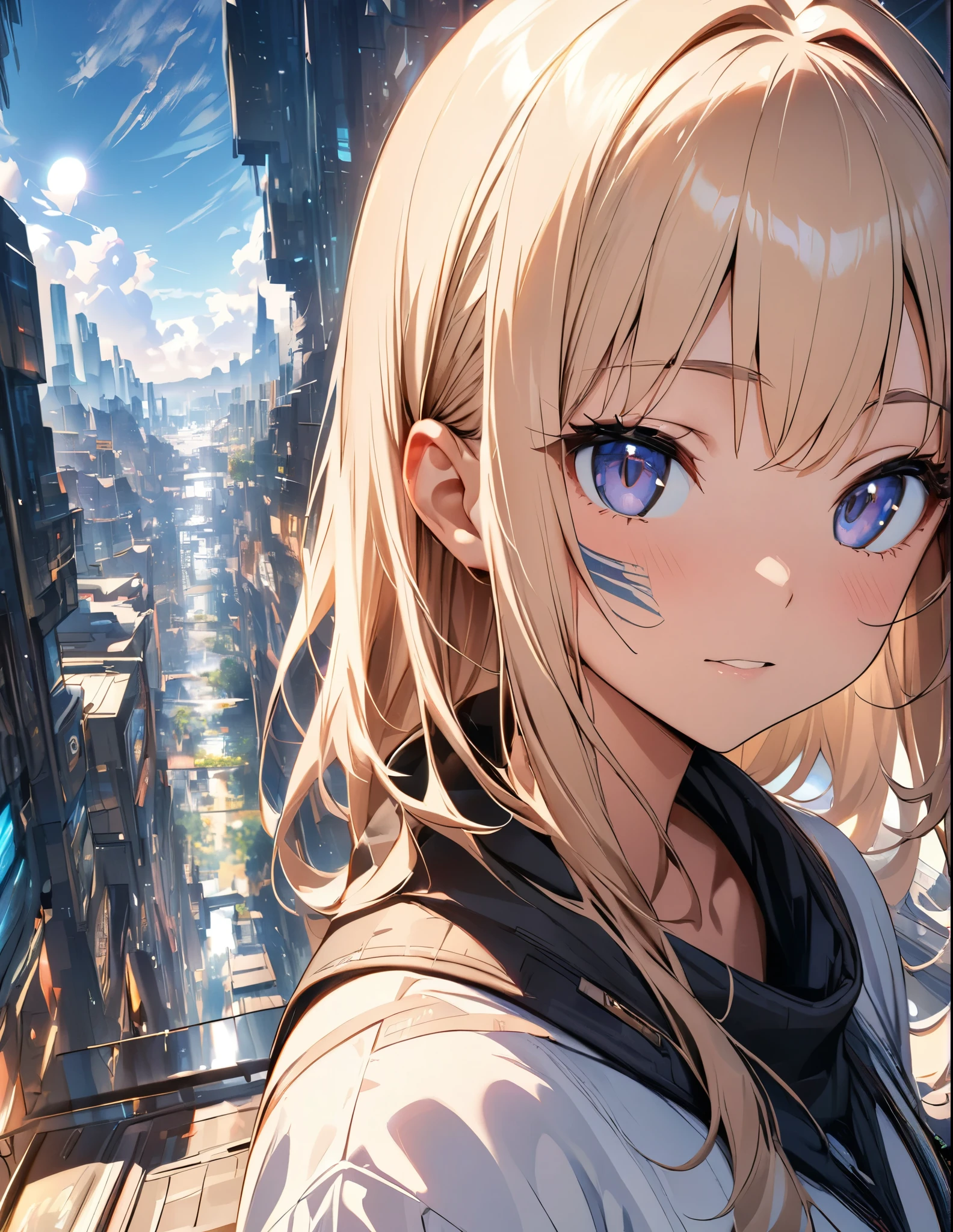 (anime)、(masterpiece:1.2),atmospheric perspective,lens flare、Ultra-wide background with a focus on the girl、Futuristic City、Girl standing on the roof、Different world,Close-up、Facial details