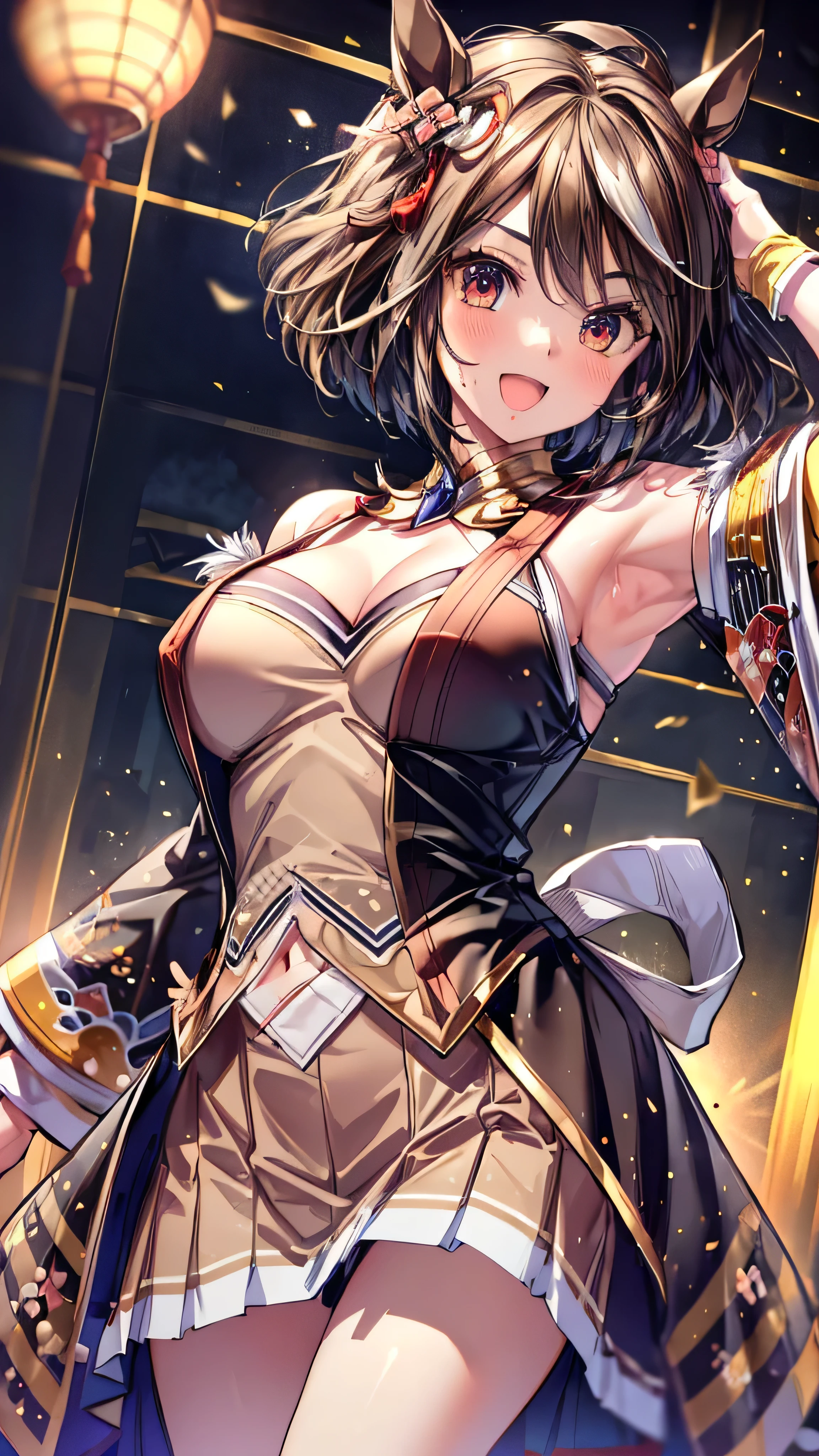 (Masterpiece:1.2, Best quality), (Anatomically correct), (Best illumination, An extremely delicate and beautiful),(Best illumination, An extremely delicate and beautiful), (Beautiful detailed face), (finely detailed eyes and detailed face:1.2), (solo), (1 Girl), (middle breasts:1.1), (slender body:1.3), (blush cheek, blush body:1.5), (short hair:1.2), (brown japanese clothes, mini skirt:1.8), (horse ear:1.2), (armpit), Extremely cute, (extremely detailed beautiful face), (Hyper-realistic, Photorealsitic:1.4), Authentic skin texture, beautiful hair, beautiful face, beautiful eyes, beautiful body, beautiful hands, (excitement:1.4), (happy smile:1.2), (open mouth:1.2), (singing), (waving:1.2), (face focus, breasts cleavage focus, armpit focus:1.6), (Live performance venue:1.2), (from below:1.1), (sweat:1.2), (erect nipples)