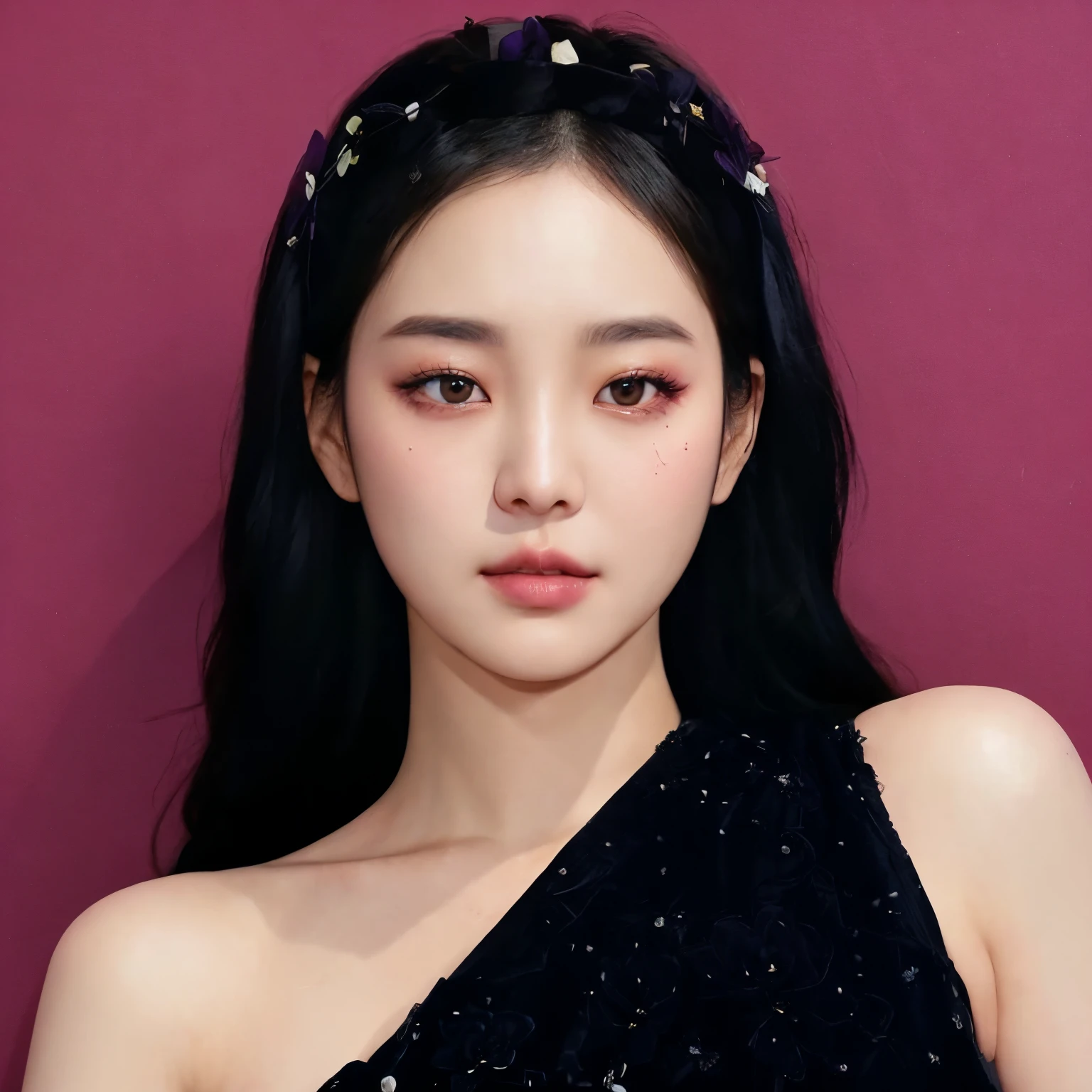 Close up of woman wearing black dress and flower headband, Jenny Blackpink, Portrait of Blackpink Josh, Josh is Blackpink, Taejun Kim, jimin park, common ratio, Blackpink Roseanne Park, Heonhwa Choi, Lee, Ji - Eun, Lee, Ji - Eun, Your face is like an orchid, Korean writer