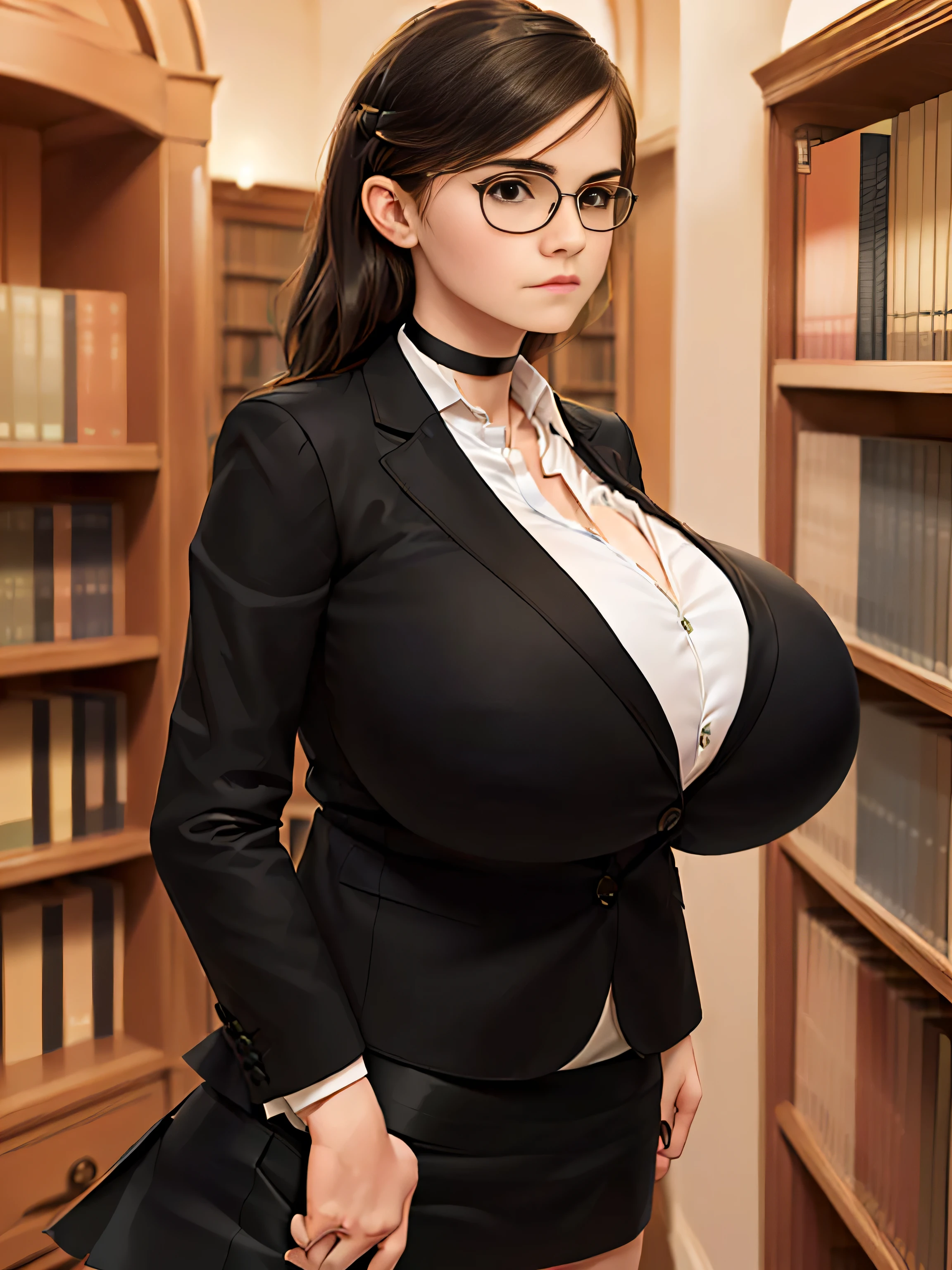 Emma Watson, (masterpiece quality, (masterpiece quality:1.3), realistic, (realistic:1.3), 1girl, (1girl:1.9), solo, (solo:1.9), in a library, bookshelves in background, wearing business suit, (black suit jacket:1.5), wearing white blouse, (white blouse:1.5), wearing black skirt, (black skirt:1.5), wearing choker collar, wearing glasses, gigantic breasts, (gigantic breasts:1.5), thin body,