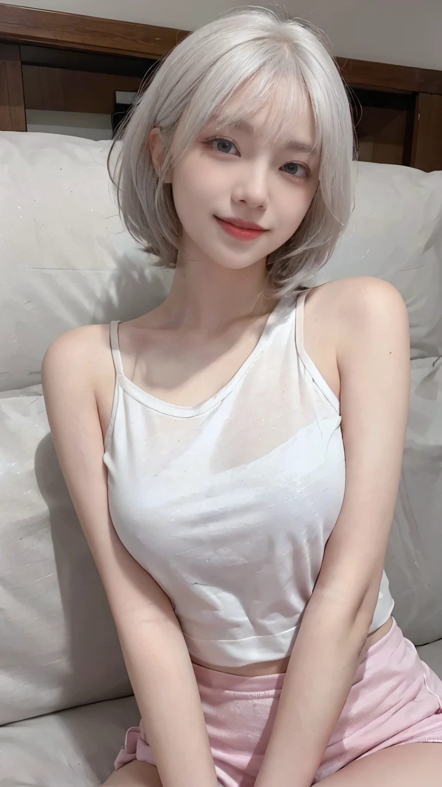 Best image quality、RAW Photos、超A high resolution、21 year old Korean、Small breasts、Small breasts、Dynamic Angle、Cowboy Shot、Chaos in its most beautiful form、elegant、Brutalist Design、Beautiful white hair、Vibrant colors、Short Bob、smile、fun、smile、Glowing White Skin、Beautiful eyes with random colors、Very thin lips、Beautiful eyes in every detail、length, Narrow eyes、Pale pink blush、length eyelashes、Beautiful double eyelids、eye shadow、Bright white hair、sofa、LargeTshirt、Transparent top、See-through、sleep、Lie、仰向けにsleep、Full Body Shot、Full Body Shotする、Hand gestures