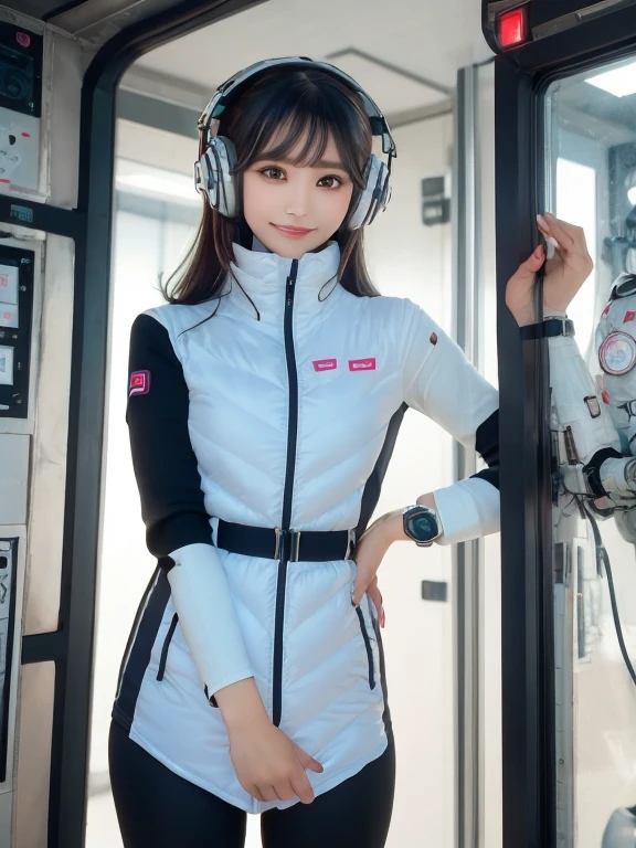 masterpiece, highest quality, Very detailed, 8K Portrait,Japanese Android Girl,plump , Control panel,Robotic arms and legs, Blunt bangs,,break (Metallic Gray, Metallic luster, Mirror finish, Astro Best):5,headphone:5,break (Black sleeves):100,Smart Watches,Futuristic space station,Control Room,break headphone,blue eyes,(Black Hair):2,(Long Hair):1.3,View the viewer,(respirator),break blush:3,Hidden Hand,smile