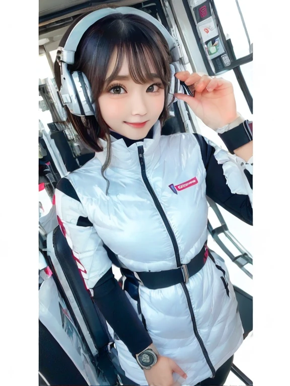 masterpiece, highest quality, Very detailed, 8K Portrait,Japanese Android Girl,plump , Control panel,Robotic arms and legs, Blunt bangs,,break (Metallic Gray, Metallic luster, Mirror finish, Astro Best):5,headphone:5,break (Black sleeves):100,Smart Watches,Futuristic space station,Control Room,break headphone,blue eyes,(Black Hair):2,(Long Hair):1.3,View the viewer,(respirator),break blush:3,Hidden Hand,smile