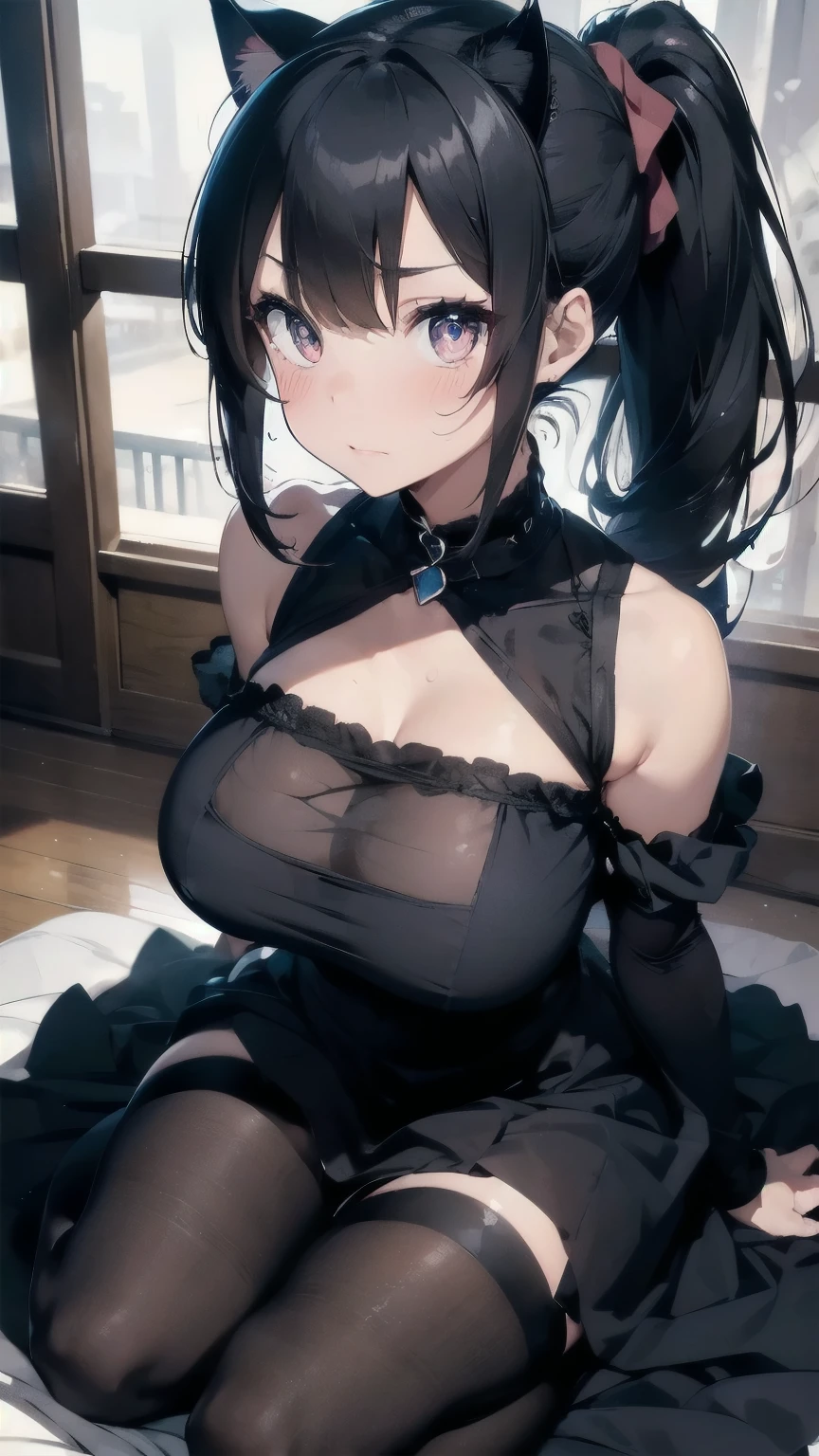 (detailed), perfect face, expressive eyes, intense blushing, front folded cat ears, adult girl, solo, ash black hair, hair covering one eye, very long high ponytail, eye patch, huge teardrop boobs, sensual gothic dress, fluttering, full body, incredible details, wallpaper art,