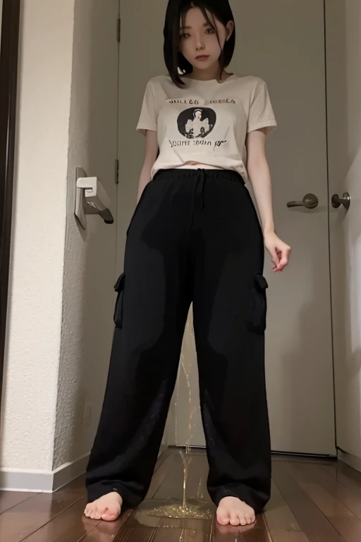 Japanese Girl wear a short-sleeved t-shirt sees the ghost and pees her black palazzo pants until her pants are wet in fright.