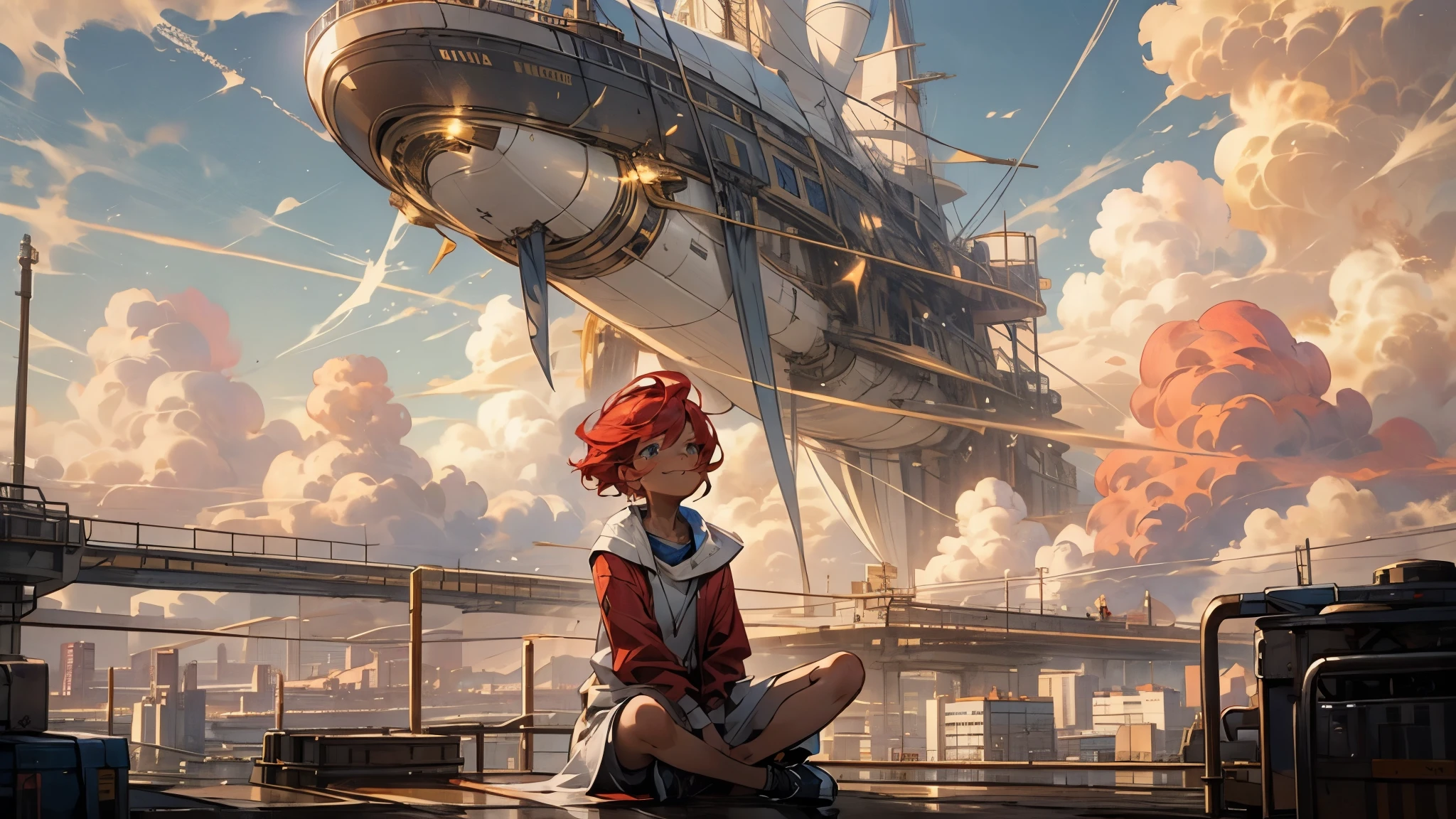 girl１people,Futuristic buildings,A golden airship flying in the sky,Blue sky,Flowing Clouds,sit,Looking up at the sky in the distance,Short Hair,Shortcuts,Red hair color,Blue Eyes,11 years old,boyish,Asian people,smile,Primary school students,Sunburned skin,Being thin,freckles,White shorts,White tank top,Red jacket,Low position、