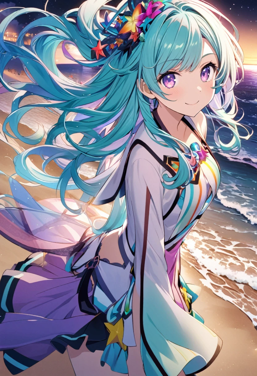 Sono Chieri \(AKB0048 Next Stage\), (aquamarine hair), (purple eyes):1.2, Songstress costume, bangs, smiling cheerfully, colorful hair ornament, ((ultra-detailed)), ((illustration)), ((flowing hair)), (beautiful detailed eyes), female, 1girl, standing, ((beach, night, stars)), looking at viewer