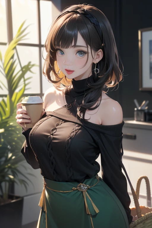 (perky chest:1.2), (pointed chest:1.2),(((Black Tunic:1.3))),(((cakes and bread in the basket),Cute and beautiful girl,Cute round face,Cute smile,with blush cheeks,Red Lip,solo, looking at viewer, open mouth, have a cute grass of cute beergrass,black hair, dark green eyes, dress, bare shoulders, jewelry, collarbone, sidelocks, hairband, earrings, indoors, off shoulder, sweater, arms behind back, plant, short hair with long locks, gild hairband, off-shoulder dress, sweater dress, off-shoulder sweater, black sweater, dark gord hair, big side hair, very long side hair,is rendered in (masterpiece: 1.2, best quality), with (ultra high resolution) and an exquisite (depth of field),(Bangs are see-through bangs),hair pin,hair adornments,detailed clothes features,Detailed hair features,detailed facial features,(Dynamic angles),(Dynamic and sexy poses),Cinematic Light,(masutepiece,top-quality,Ultra-high resolution) ,(The 8k quality,Anatomically accurate facial structure,),(Sea Art 2 Mode:1.3),(Image Mode Ultra HD) ,(Hold a coffee in your hand:1.3),delicate beautiful face, Bright blue eyes, cute eyes, sparkling eyes, Big eyes, (perky chest:1.1), (pointed chest:1.3), looking at viewer,
