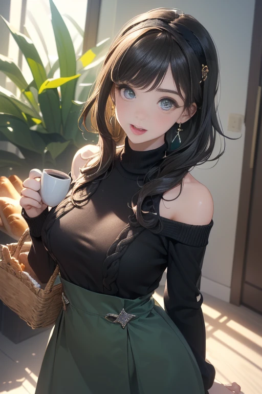 (perky chest:1.2), (pointed chest:1.2),(((Black Tunic:1.3))),(((cakes and bread in the basket),Cute and beautiful girl,Cute round face,Cute smile,with blush cheeks,Red Lip,solo, looking at viewer, open mouth, have a cute grass of cute beergrass,black hair, dark green eyes, dress, bare shoulders, jewelry, collarbone, sidelocks, hairband, earrings, indoors, off shoulder, sweater, arms behind back, plant, short hair with long locks, gild hairband, off-shoulder dress, sweater dress, off-shoulder sweater, black sweater, dark gord hair, big side hair, very long side hair,is rendered in (masterpiece: 1.2, best quality), with (ultra high resolution) and an exquisite (depth of field),(Bangs are see-through bangs),hair pin,hair adornments,detailed clothes features,Detailed hair features,detailed facial features,(Dynamic angles),(Dynamic and sexy poses),Cinematic Light,(masutepiece,top-quality,Ultra-high resolution) ,(The 8k quality,Anatomically accurate facial structure,),(Sea Art 2 Mode:1.3),(Image Mode Ultra HD) ,(Hold a coffee in your hand:1.3),delicate beautiful face, Bright blue eyes, cute eyes, sparkling eyes, Big eyes, (perky chest:1.1), (pointed chest:1.3), looking at viewer,
