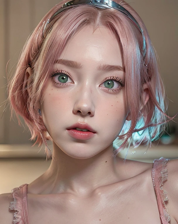 young woman, short shoulder-length pink hair, wide forehead, porcelain skin, pink eyebrows, big emerald green eyes, buttoned nose, full lips, heart-shaped face, slender body, small breasts, red tank top, Sakura Haruno , realistic, realism, details, 3d, well detailed
