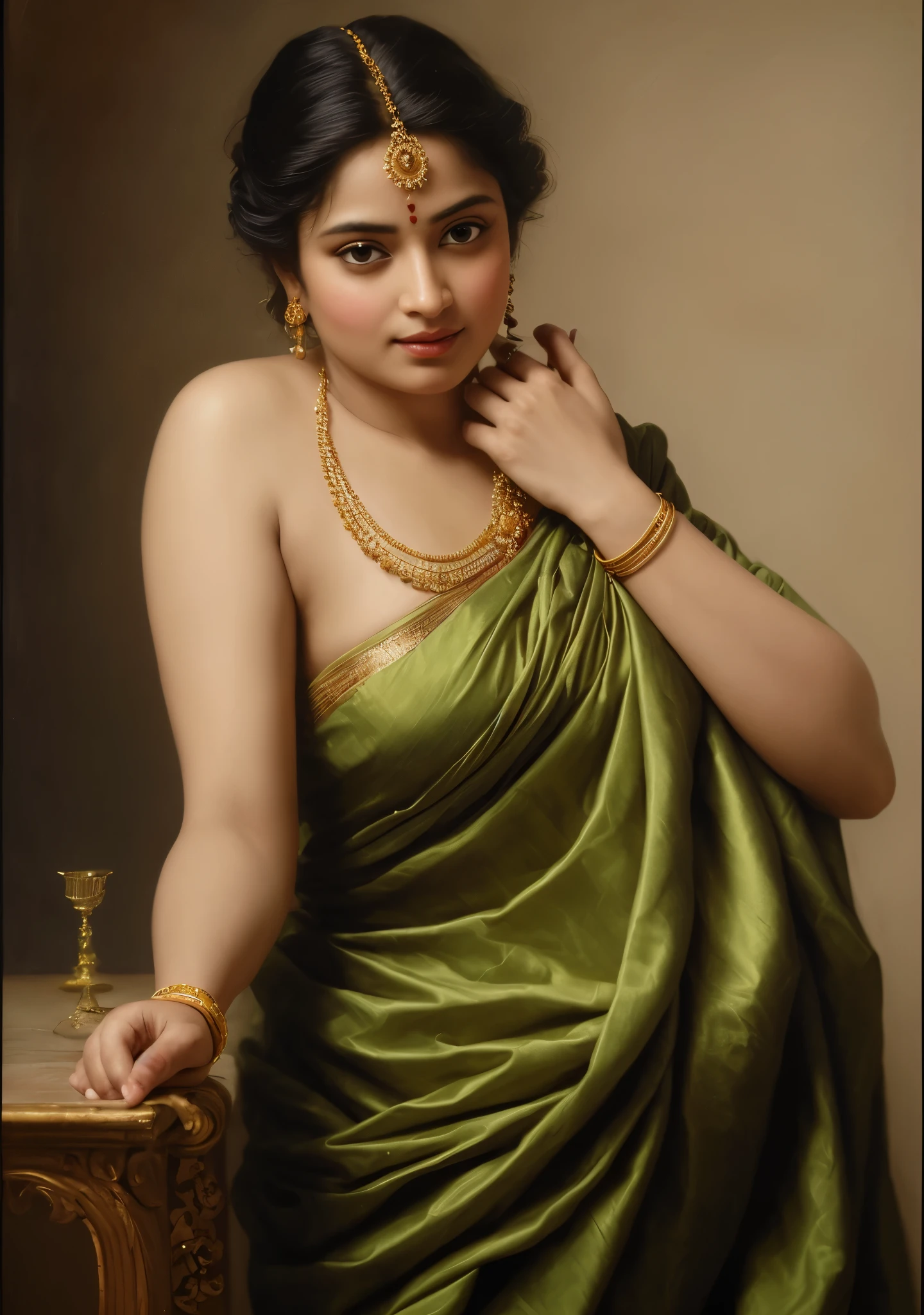 Beautiful Indian Woman, wearing saree, sari Beauty, gorgeous, Apsara, Maharani, royal queen woman, nymph from Hindu Mythology, Urvashi, matchless beauty, Highly detailed, Oil Painting by Peter Paul Rubens inspired by Raja Ravi Varma, Matchless beauty, captivating, gorgeous, heavenly beauty, celestial beauty, by Peter Paul Rubens, 13, realistic, hyper realistic, micro details, incredible artwork, insane details, ultra High resolution, 8k, 32k, acrylic on canvas, intricate, flawless, detailed, detailed face, detailed eyes, masterpiece, by Peter Paul Rubens, by Caravaggio, by William Adolphe bouguereau, perfect face, perfect body, beautiful art, realism, baroque, renaissance Art, highly textured, beautiful and detailed eyes, uhd, best quality,