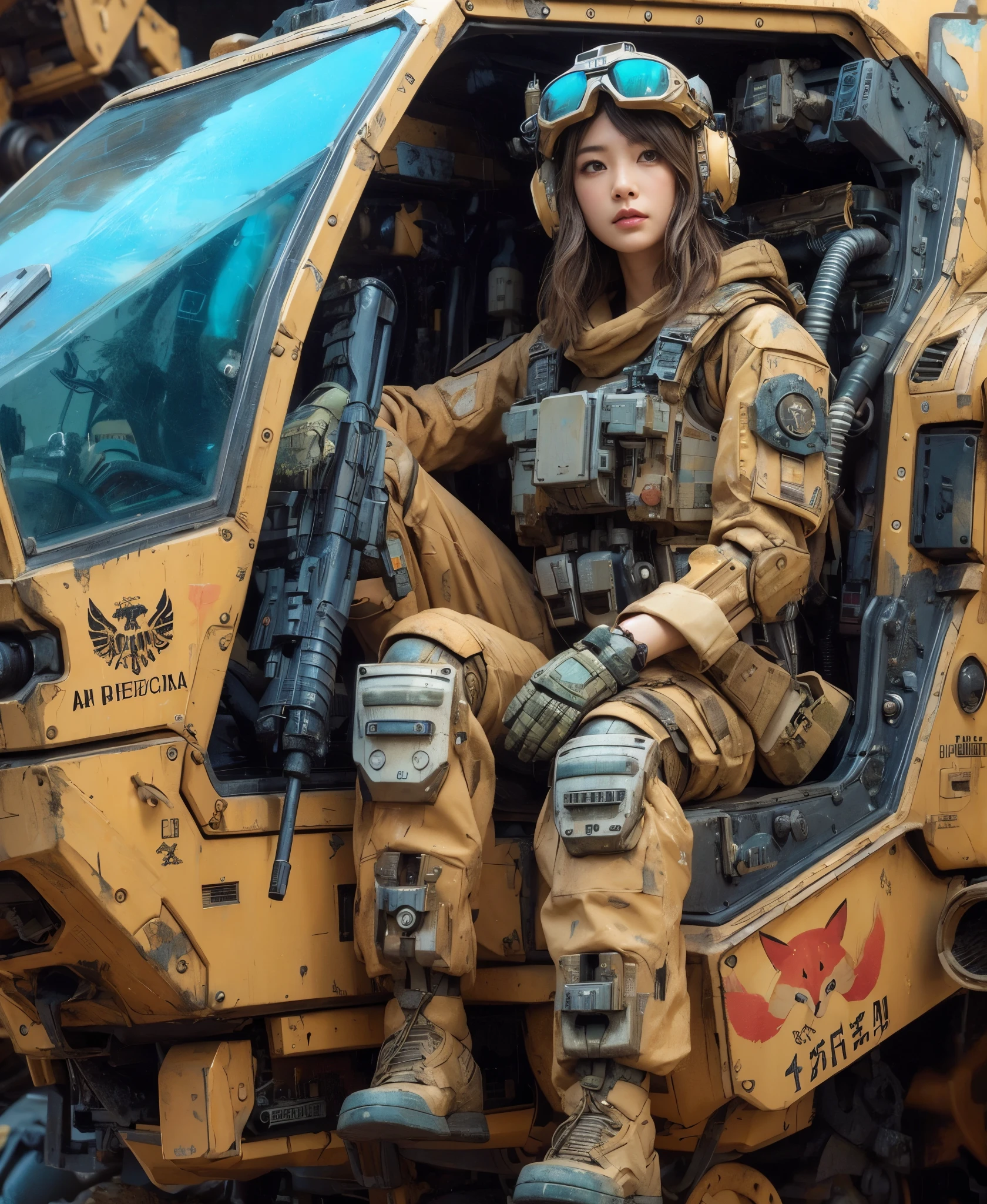 8k,Realistic Skin Texture、Superrealism、Realistic Photo、Near-futureアメリカ軍所属の日系女性パイロットが大型ロボットの腹部に設置されたコックピットに乗っている、Damaged sand beige battle armor robot、A painted fox mark on the armor、Near-future、Painting of the unit and identification number、Peeling paint、Oil stains、Detailed Description、Dynamic pose、Armored Core