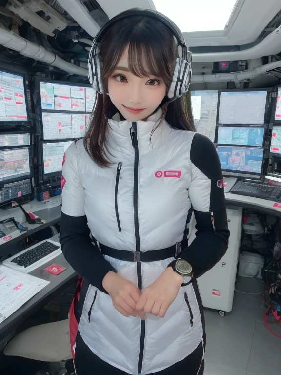 masterpiece, highest quality, Very detailed, 8K Portrait,Japanese Android Girl,plump , Control panel,Robotic arms and legs, Blunt bangs,,break (Metallic Gray, Metallic luster, Mirror finish, Astro Best):5,headphone:5,break (Black sleeves):100,Smart Watches,Futuristic space station,Control Room,break headphone,blue eyes,(Black Hair):2,(Long Hair):1.3,View the viewer,(respirator),break blush:3,Hidden Hand,smile
