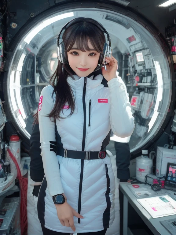 masterpiece, highest quality, Very detailed, 8K Portrait,Japanese Android Girl,plump , Control panel,Robotic arms and legs, Blunt bangs,,break (Metallic Gray, Metallic luster, Mirror finish, Astro Best):5,headphone:5,break (Black sleeves):100,Smart Watches,Futuristic space station,Control Room,break headphone,blue eyes,(Black Hair):2,(Long Hair):1.3,View the viewer,(respirator),break blush:3,Hidden Hand,smile