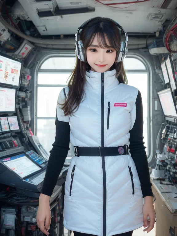masterpiece, highest quality, Very detailed, 8K Portrait,Japanese Android Girl,plump , Control panel,Robotic arms and legs, Blunt bangs,,break (Metallic Gray, Metallic luster, Mirror finish, Astro Best):5,headphone:5,break (Black sleeves):100,Smart Watches,Futuristic space station,Control Room,break headphone,blue eyes,(Black Hair):2,(Long Hair):1.3,View the viewer,(respirator),break blush:3,Hidden Hand,smile