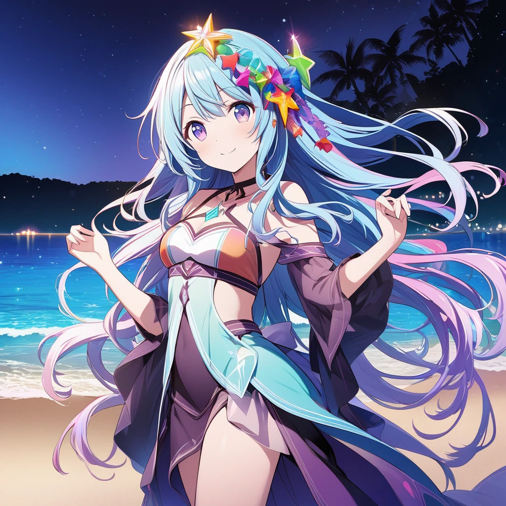 Sono Chieri \(AKB0048 Next Stage\), (aquamarine hair), (purple eyes):1.2, Songstress costume, bangs, smiling cheerfully, colorful hair ornament, ((ultra-detailed)), ((illustration)), ((flowing hair)), (beautiful detailed eyes), female, 1girl, standing, ((beach, night, stars)), looking at viewer