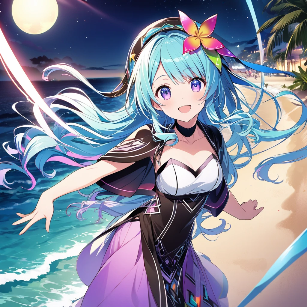 Sono Chieri \(AKB0048 Next Stage\), (aquamarine hair), (purple eyes):1.2, Songstress costume, bangs, smiling cheerfully, colorful hair ornament, ((ultra-detailed)), ((illustration)), ((flowing hair)), (beautiful detailed eyes), female, 1girl, standing, ((beach, night, stars)), looking at viewer