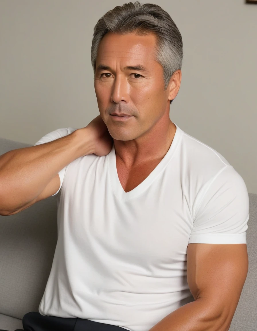 1man, japanese dilf, physical teacher, 40yo, big nose, gray hair, tanned skin, forehead, handsome, masculine, square face, middle-muscular, stocky waist, japanese like don johnson, BREAK solo, simple shirt, sitting on sofa, wideshot, interview scene, upperbody, 8k, sharp focus, extreme all detailed