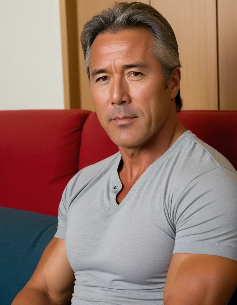 1man, japanese dilf, physical teacher, 40yo, big nose, gray hair, tanned skin, forehead, handsome, masculine, square face, middle-muscular, stocky waist, japanese like don johnson, BREAK solo, simple shirt, sitting on sofa, wideshot, interview scene, upperbody, 8k, sharp focus, extreme all detailed