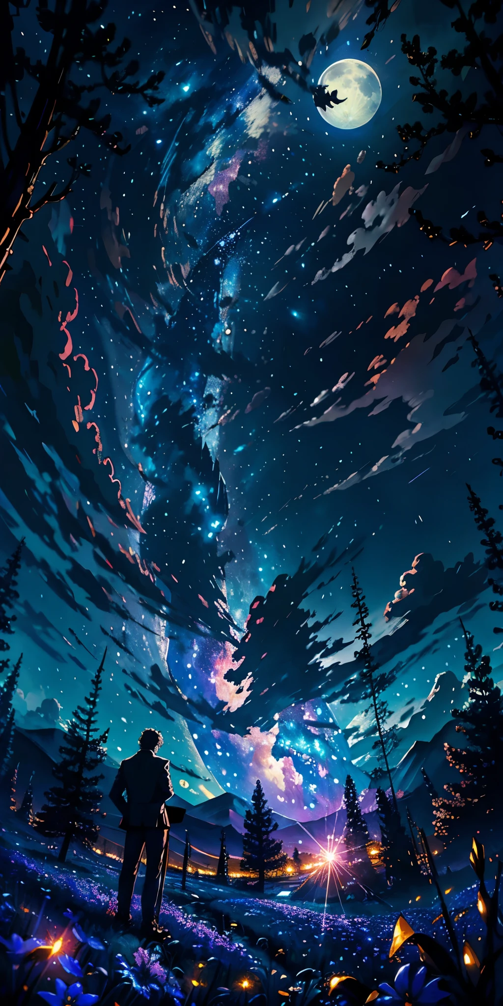 Expansive landscape photograph, (view from below with a view of the sky and the wilderness below),  lawyer standing in a flower field looking up, (full moon: 1.2), (shooting star: 0.9), (nebula: 1.3), distant mountain, tree break production art, (warm light source: 1.2), (firefly: 1.2), lamp, purple and orange, intricate detail, volume lighting BREAK (masterpiece: 1.2), (highest quality ), 4k, ultra-detailed, (dynamic configuration: 1.4), highly detailed and colorful details (iridescent: 1.2), (sparkling lighting, atmospheric lighting), dreamy, magical, (solo: 1.2)