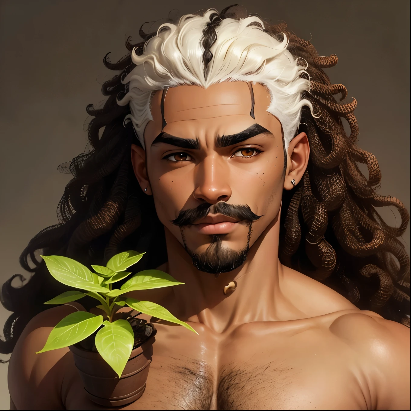 Create my avatar with brown skin tone curly hair thin mustache and a age goatee with thick eyebrows with brown eyes with details on the head like small white bat wings and a small green plant on top of the head