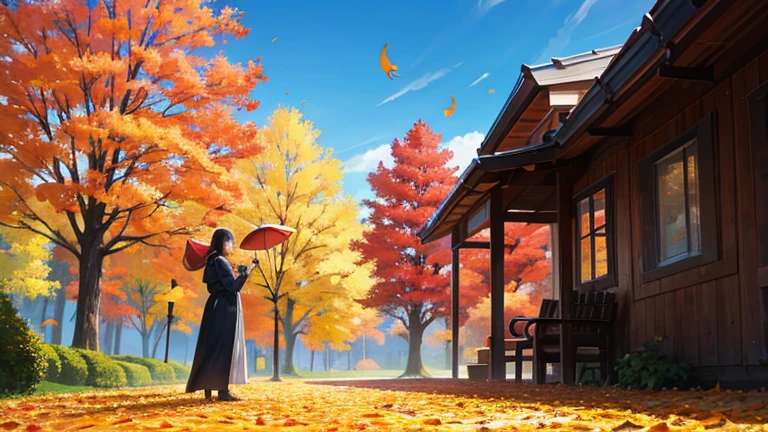 Official aesthetics, photographic art, autumn scenery, photography requires the sky and grass, ginkgo leaves are falling in the sky, golden ginkgo leaves, leaves are falling, ((There is a wooden coffee table in the middle) ), Canon 5D, F2.8, 70mm, woman standing far away, solo