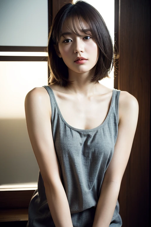((8K)、top-quality、masterpiece、超A high resolution:1.2)Photo Beautiful Japan woman(pleasing:1.1) Elegance、There is a good、Transparent atmosphere、Beautiful face、Gradient lighting、1girl in、Delicate skin、Brown-eyed、(short hair with bangs:1.2)、(breasts are large:1.0)、(medium areola:0.8)、(realisitic:1.4)、(top-quality:1.0)、(超A high resolution:1.0)、8K、Raw photography、(masterpiece:0.2)、(pureerosface_v1:0.5)、Tank top dress、white, Tight、Round Neck、Linen and cotton、Salopette、Thin shoulder straps、barechested、cotton clothes、no sleeves、Sleeveless、Hokkaido、Shiretoko、The morning sun is dazzling、subject、Lean、Ass big、a large bust、Kinda chubby、Bangs shed to the side、big butts、neat and well-groomed hairstyle、Bring your chest together、Feelouth slightly open、Brown clothes、Angle from the side、a necklace、Ass big、Futomo、
