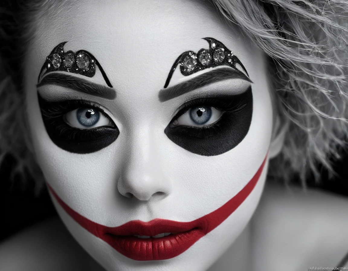 Clown girl bisected in appearance, one side adorned with a full clown makeup face and the other side bare, each half starkly contrasting the other, left segment captured in a black and white photo aesthetic, right segment infused with vivid colors, Miki Asai Macro photography style, extreme close-up, intricate facial details highlighted, trending on Artstation, sharp focus reminiscent of a studio photo, hyper-detailed finesse comparable