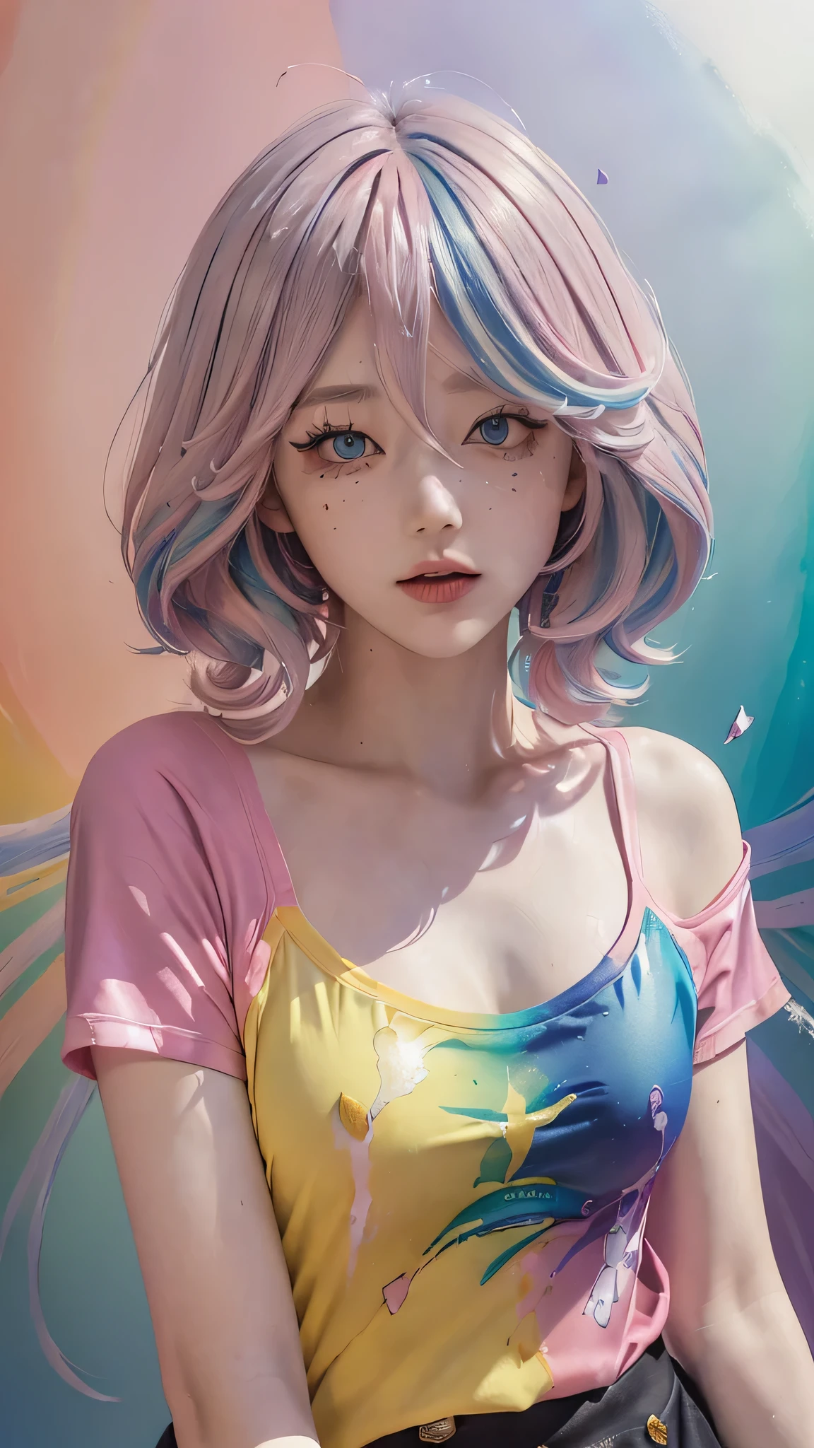 (Pink fashion T-shirt:1.9),(colored hair:1.8),(All colors of the rainbow:1.8),(((vertical painting:1.6)),(:1.6),front,comics,illustration,,big eyes,crystal clear eyes,(Rainbow colored semi-long hair:1.7),exquisite cosmetics,Shut your mouth,(Small fresh:1.5),(Wipe your chest:1.6),long eyelashes,White shoulder T-shirt。,White shoulder sleeve shirt,looking at the audience,blue eyes,(rainbow colour hair:1.6),color splotches,(solo:1.8),color splotches,color splotches,color explosion,Thick lacquer style,Messy lines,((Shiny),(color),(color),(color),(color),color,Thick lacquer style,(color splotches),(color)splash,vertical,Upper body,Paintworksplash,acrylic paint,gradient,Paintwork,Highest image quality,highest quality,masterpiece,solo,depth of field,Topcoat,Colorful clothes,(grace:1.2),gorgeous,lwind, (Elegant: 1.3), (Petals: 1.4)，(((masterpiece))),(((best quality))),((ultra-detailed)),(illustration),(dynamic angle),((floating)),(paint),((disheveled hair)),(solo),(1girl) , (((detailed anima face))),((beautiful detailed face)),collar,bare shoulders,blue hair, ((colorful hair)),((streaked hair)),beautiful detailed eyes,(Gradient color eyes),(((colorful eyes))),(((colorful background))),(((high saturation))),(((surrounded by colorful splashes))),(((colorful background))),(((high saturation))),(((surrounded by colorful splashes))),(((colorful background))),(((high saturation))),(((surrounded by colorful splashes))),