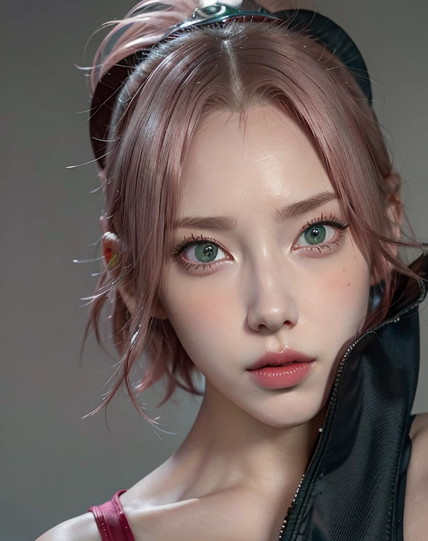 young woman, short shoulder-length pink hair, wide forehead, porcelain skin, pink eyebrows, big emerald green eyes, buttoned nose, full lips, heart-shaped face, slender body, small breasts, red tank top, Sakura Haruno , realistic, realism, details, 3d, well detailed
