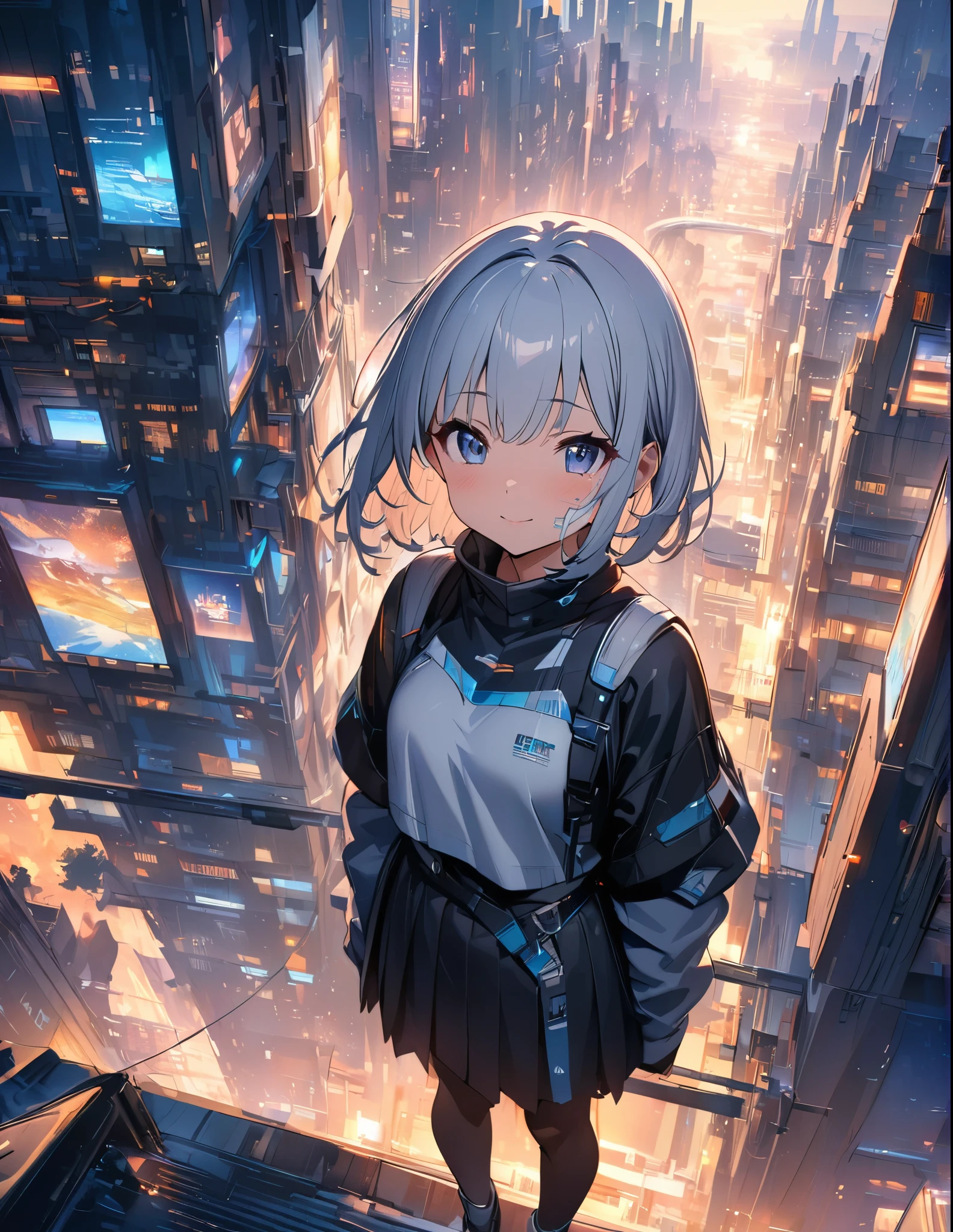(anime)、(masterpiece:1.2),atmospheric perspective,lens flare、Ultra-wide background with a focus on the girl、Futuristic City、Girl standing on the roof、cute、Different world,Close-up、Facial details