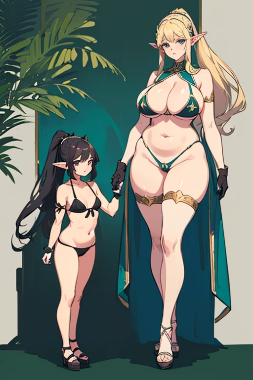 mother and daughter (mother: wide hips, elf pointy ears, full body, standing, revealing gloves, curvy, chubby, huge breasts, bikini armor, blonde hair, ponytail hairstyle) (daughter: shortstack, small girl, wide hips, elf pointy ears, full body, chubby, standing, revealing gloves, black hair, bob cut hairstyle, bikini armor)