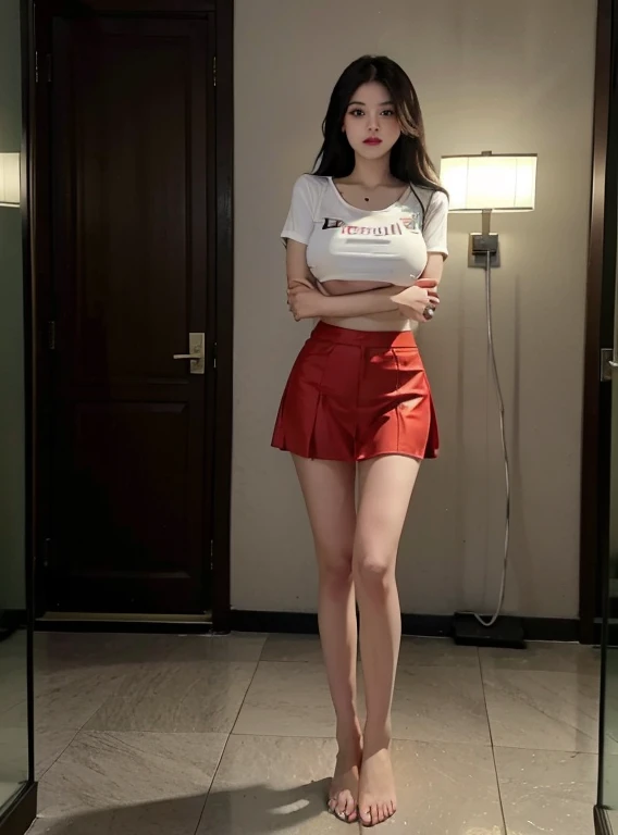 depth of field,
1 girl,full body,look at viewer,Wavy hair,long hair,gigantic bust,Underbust shirt,skirt,
Stand with your arms crossed over your chest.,8ก, raw photos, best quality, Masterpiece,realistic, photo-realistic