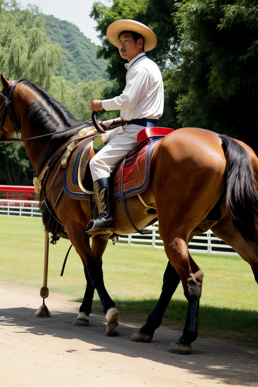 ((best quality)), ((masterpiece)), (A Chinese male horseman pulls a period carriage，There were two Chinese male passengers in the car.), Photorealistic face