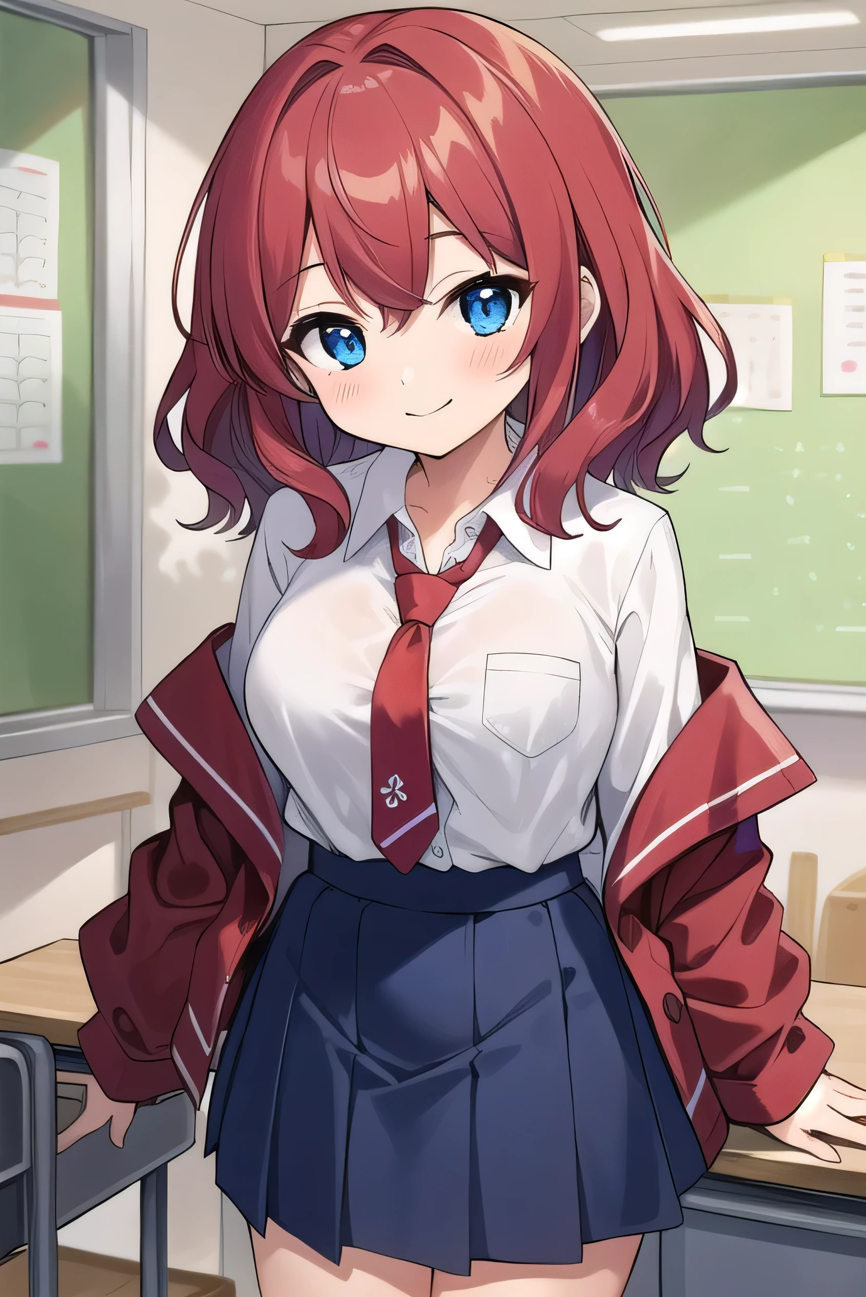 , red hair, blue eyes, droopy eyes, red jacket, long sleeves, navy skirt, elementary school student, super big breastsair: 1.2), baggy clothes, elementary school student, young face, short height, 10 years old, old, shysmiling a little, trying to open the buttons of his shirt, white shirt, tie,straight hair