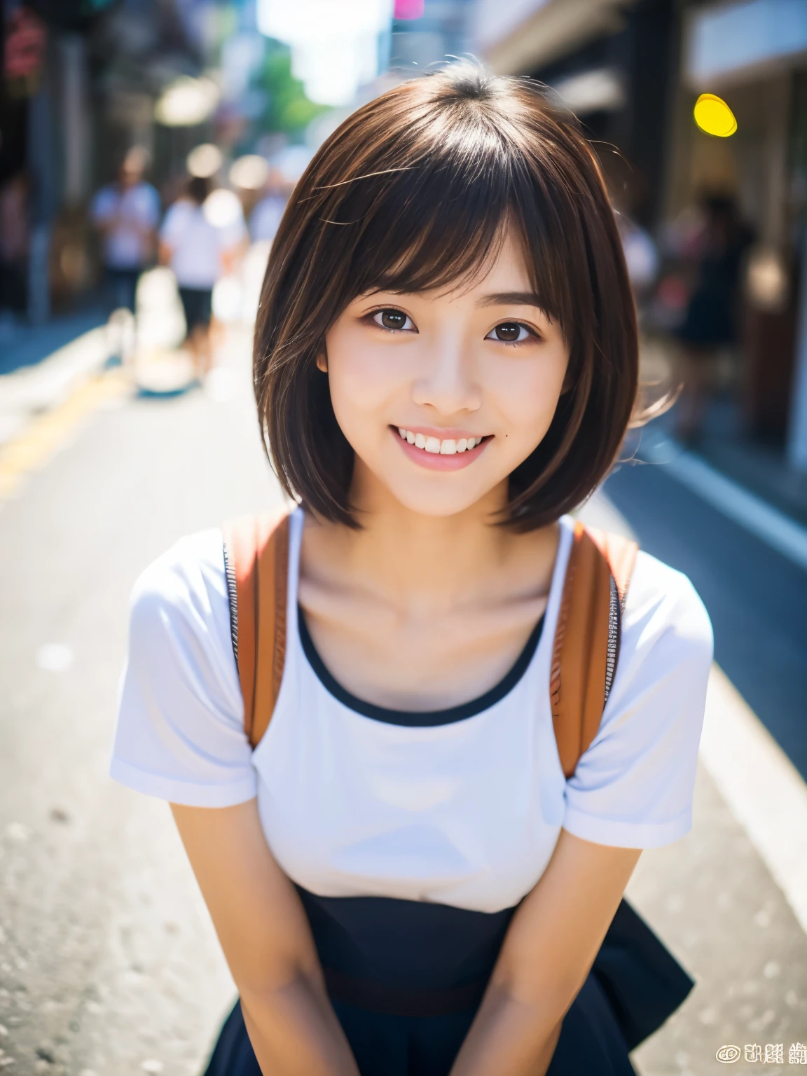 ultra best quality、masterpiece、超hight resolution、depth of fields、(Photorealsitic:1.4)、(awardwinning photo、incredible masterpiece:1.3) 、Raw photography、the golden ratio、the Extremely Detailed CG Unity 8K Wallpapers、Detailed and complex、Original、hight resolution、Raw foto、(perfect body type)、Detailed and complex、Digital SLR、softlighting、(background person blur:1.1)、SIGMA 85 mm F/1.4、50mm Lenac lighting、nffsw、hyper realstic、Color Grade、dynamicposes、Portrait Break、 solo、short-hair:1.4、girl with、Super beauty、(Full body like:1.2)、japanese bodybian、solo)、thighs gap、A smile:1.4、University、cute little high school girl、short-cut、Detailed Realistic、Skin Texture、(realistic human skin texture)、Front view View viewer、natural soft light、Daytime、in a street、deep-shadows、cute little、21 years old BREAK、 a street、The state of the store、akihabara、Shinjuku、with no people、(akihabara:1.2)