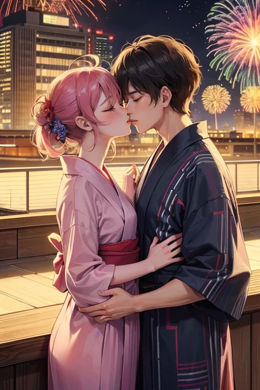 1girl and 1boy,they are wearing yukata,kiss,close eyes,building the rooftop,background fireworks,night,put his arm around her waist