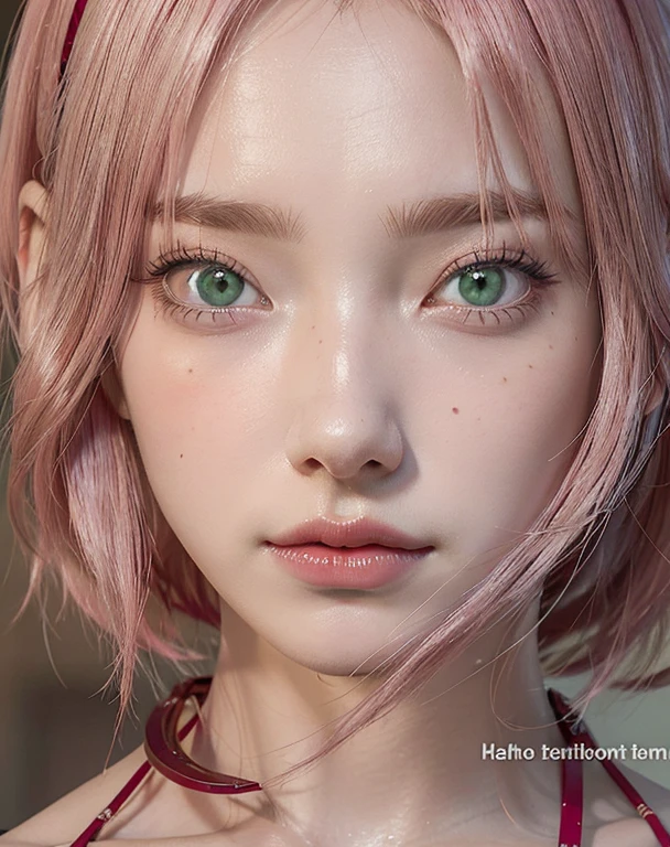 young woman, short shoulder-length pink hair, wide forehead, porcelain skin, pink eyebrows, big emerald green eyes, buttoned nose, full lips, heart-shaped face, slender body, small breasts, red tank top, Sakura Haruno , realistic, realism, details, 3d, well detailed