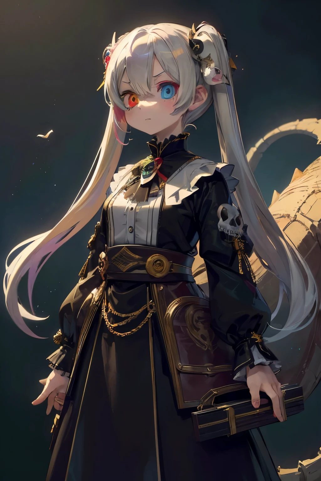 (masterpiece, highest quality, highest quality, Official Art, beautifully、aesthetic:1.2),(heterochromia:1.5),skyblue eye,gold eye,Blonde,Long twin tails,Young Girl,Small breasts,黒いゴシックLoriータ,Skull hair ornament,Dinosaur tail,Expressionless,Long skirt,About ,,Black tea
