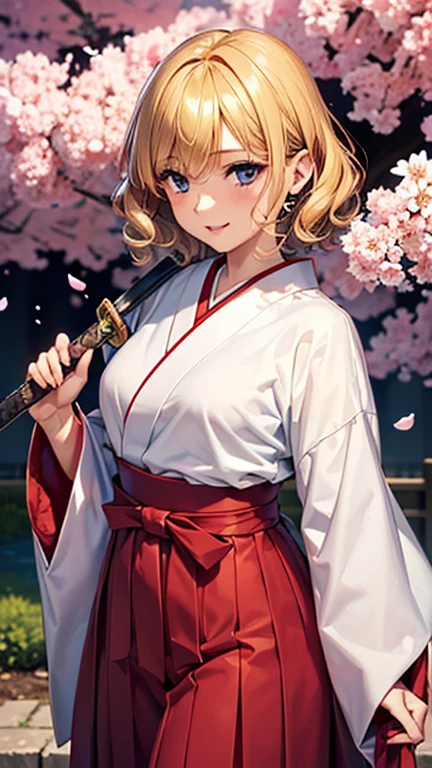 A girl is posing for a photo,pretty girl,Enchanting girl,Anime Girls,
(((One Girl,Baby Face,16 years old))),
(cherry blossomsの柄の入ったピンク長着:1.4、Red Hakama:1.4),(((Holding a sword)))
BREAK
(Beautiful Hair,Shiny Hair),(Blonde、Curly hair、Outwardly curled hair、Hair that bounces outwards、Shaggy Hair、Short Hair),
(Expression of fine eyes,Beautiful and delicate eyes,Sparkling eyes,Eye Reflexes),(black eye),
double eyelid,Long eyelashes,
(Beautiful Nose,Thin Nose),
(Glossy lips,Beautiful Lips,Thick lips),
(Symmetrical facial features,Perfect Face),(((Detailed skin,Oily skin,Textured skin,Beautiful Skin))),
break
(smile),
(night、(Edo Period、Japanese Castle、cherry blossoms)),((Are standing、I see the sword、whole body:1.4)),
break
(((highest quality)),((masterpiece)),(Very detailed),(High resolution),(Beautiful sparkle),(High detail),(Anatomically correct)),((Realistic)),
(The best CG),Highly detailed art,CG illustration,(16k,1080p),((Line art)),