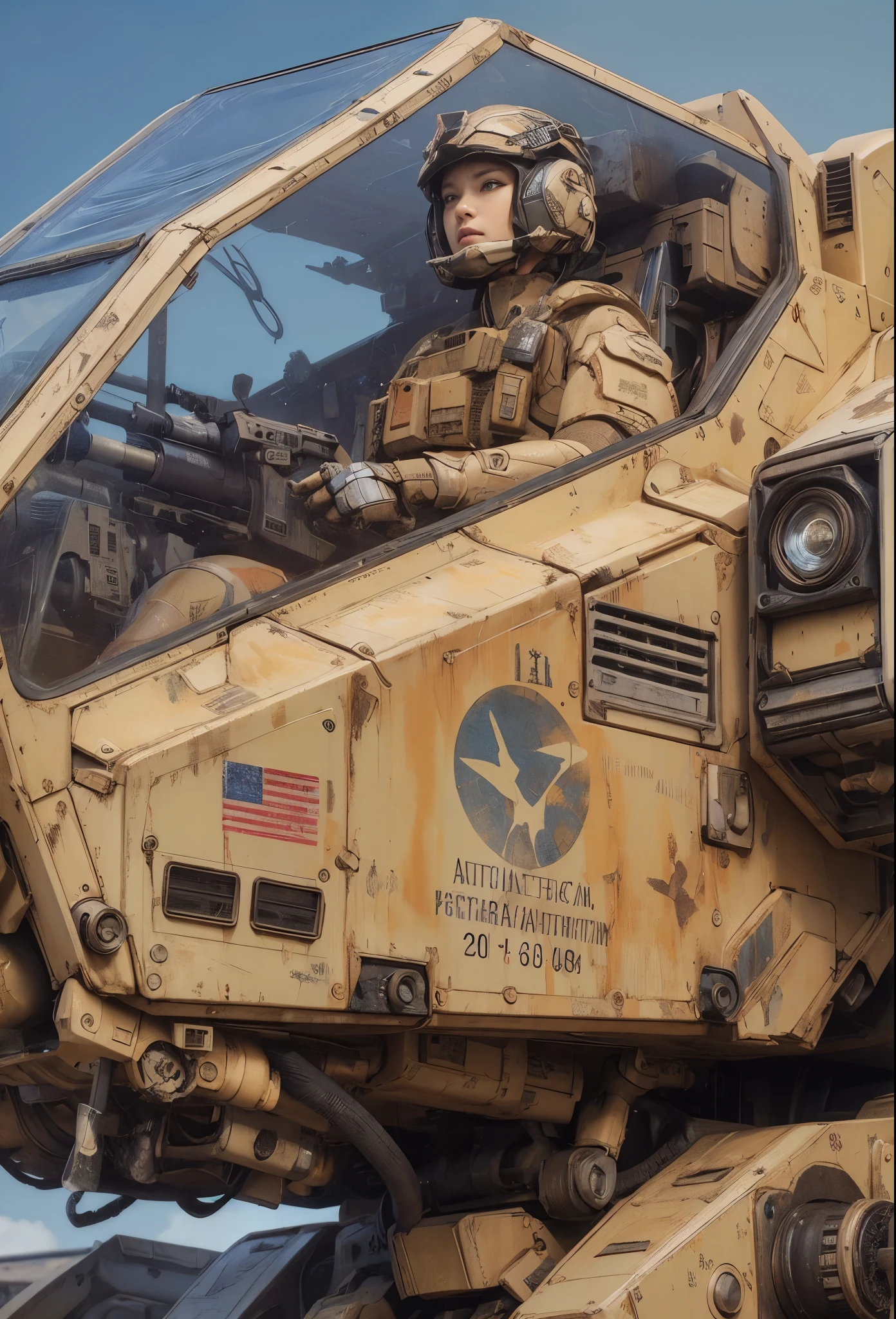 
８ｋ,Realistic Skin Texture、Superrealism、Realistic Photo、Near-futureアメリカ軍所属の日系女性パイロットが大型ロボットの腹部に設置されたコックピットに乗っている、Damaged sand beige battle armor robot、A painted fox mark on the armor、Near-future、Painting of the unit and identification number、Peeling paint、Oil stains、Detailed Description、Dynamic pose、Armored Core