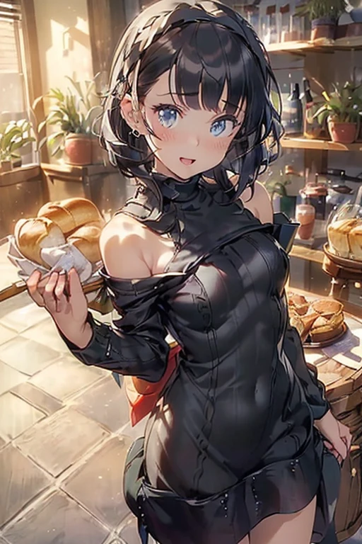 (perky chest:1.2), (pointed chest:1.2),(((Black Tunic:1.3))),(((cakes and bread in the basket),Cute and beautiful girl,Cute round face,Cute smile,with blush cheeks,Red Lip,solo, looking at viewer, open mouth, have a cute grass of cute beergrass,black hair, dark green eyes, dress, bare shoulders, jewelry, collarbone, sidelocks, hairband, earrings, indoors, off shoulder, sweater, arms behind back, plant, short hair with long locks, gild hairband, off-shoulder dress, sweater dress, off-shoulder sweater, black sweater, dark gord hair, big side hair, very long side hair,is rendered in (masterpiece: 1.2, best quality), with (ultra high resolution) and an exquisite (depth of field),(Bangs are see-through bangs),hair pin,hair adornments,detailed clothes features,Detailed hair features,detailed facial features,(Dynamic angles),(Dynamic and sexy poses),Cinematic Light,(masutepiece,top-quality,Ultra-high resolution) ,(The 8k quality,Anatomically accurate facial structure,),(Sea Art 2 Mode:1.3),(Image Mode Ultra HD) ,(Hold a coffee in your hand:1.3),delicate beautiful face, Bright blue eyes, cute eyes, sparkling eyes, Big eyes, (perky chest:1.1), (pointed chest:1.3), looking at viewer,
