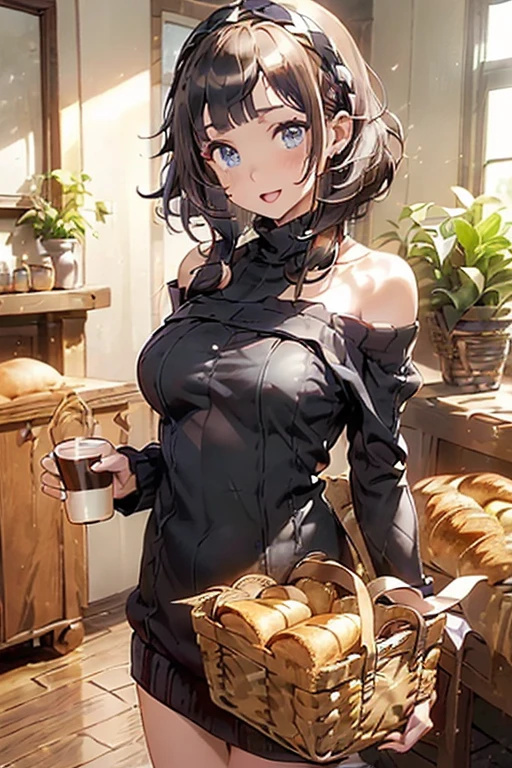 (perky chest:1.2), (pointed chest:1.2),(((Black Tunic:1.3))),(((cakes and bread in the basket),Cute and beautiful girl,Cute round face,Cute smile,with blush cheeks,Red Lip,solo, looking at viewer, open mouth, have a cute grass of cute beergrass,black hair, dark green eyes, dress, bare shoulders, jewelry, collarbone, sidelocks, hairband, earrings, indoors, off shoulder, sweater, arms behind back, plant, short hair with long locks, gild hairband, off-shoulder dress, sweater dress, off-shoulder sweater, black sweater, dark gord hair, big side hair, very long side hair,is rendered in (masterpiece: 1.2, best quality), with (ultra high resolution) and an exquisite (depth of field),(Bangs are see-through bangs),hair pin,hair adornments,detailed clothes features,Detailed hair features,detailed facial features,(Dynamic angles),(Dynamic and sexy poses),Cinematic Light,(masutepiece,top-quality,Ultra-high resolution) ,(The 8k quality,Anatomically accurate facial structure,),(Sea Art 2 Mode:1.3),(Image Mode Ultra HD) ,(Hold a coffee in your hand:1.3),delicate beautiful face, Bright blue eyes, cute eyes, sparkling eyes, Big eyes, (perky chest:1.1), (pointed chest:1.3), looking at viewer,