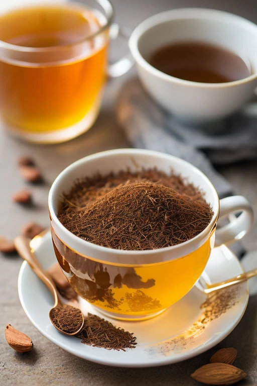 A realistic photo of rooibos and a cup of tea, aesthetically pleasing, natural light, cherry and almonds in the background ((best quality)), ((masterpiece)), (detailed), perfect face