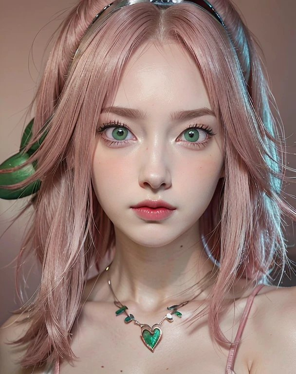 young woman, short shoulder-length pink hair, wide forehead, porcelain skin, pink eyebrows, big emerald green eyes, buttoned nose, full lips, heart-shaped face, slender body, small breasts, red tank top, Sakura Haruno , realistic, realism, details, 3d, well detailed
