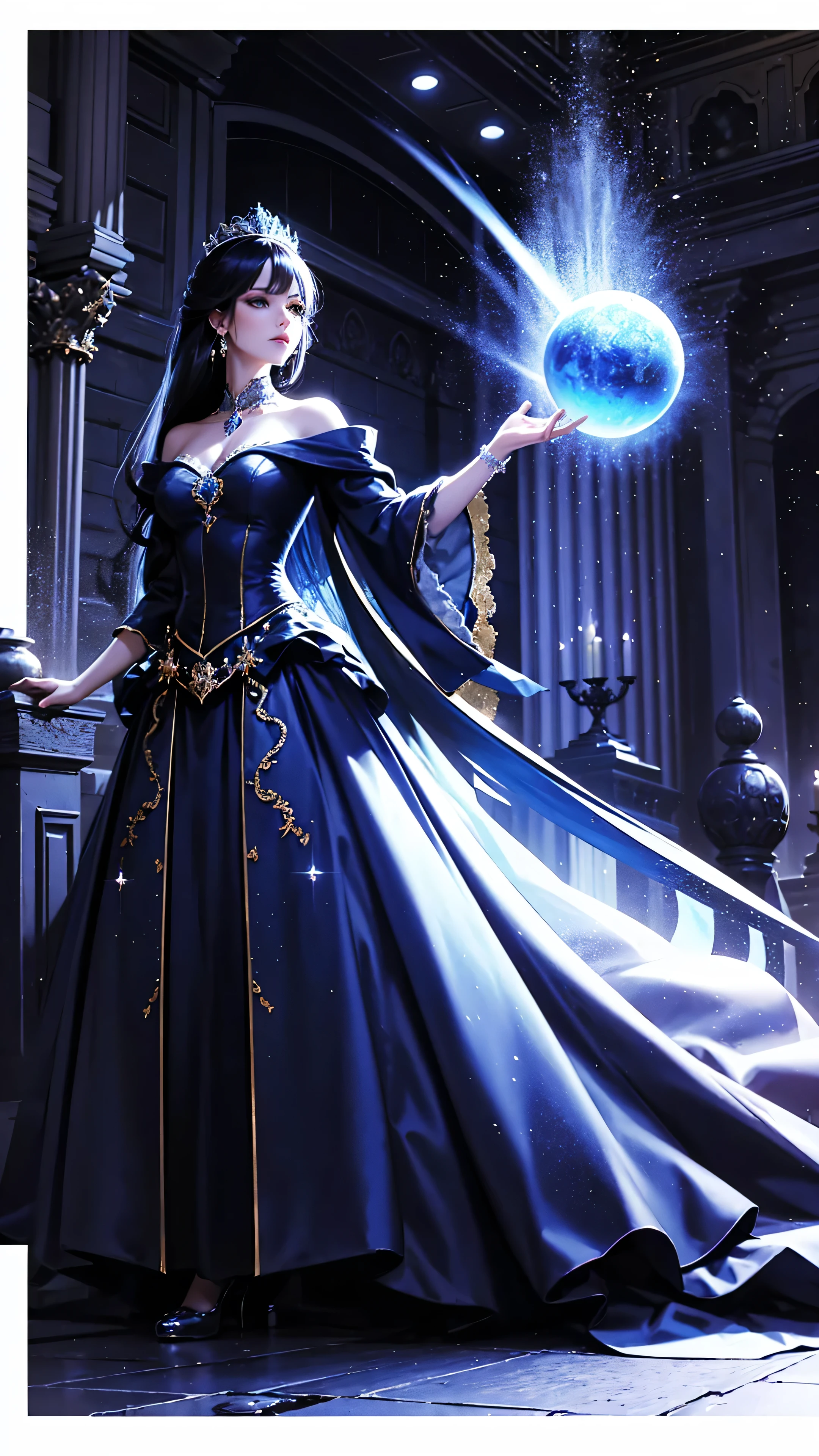 Royal Princess, ball gown, royal gown, random color, elegant color, elegant pose, particles according to color, random Particles, random castle, random castle room,HD lighting and dark )<=(epic image quality)dark atmosphere with bright particle light(many effects in background)