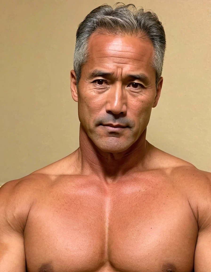 1man, japanese dilf, physical teacher, 40yo, big nose, gray hair, tanned skin, forehead, handsome, masculine, square face, middle-muscular, stocky waist, middle-large eyes, japanese like don johnson, BREAK solo, simple shirt, sitting on sofa, wideshot, interview scene, upperbody, 8k, sharp focus, extreme all detailed
