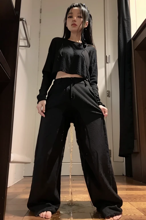 Japanese Girl sees the ghost and pees her black palazzo pants until her pants are wet in fright.