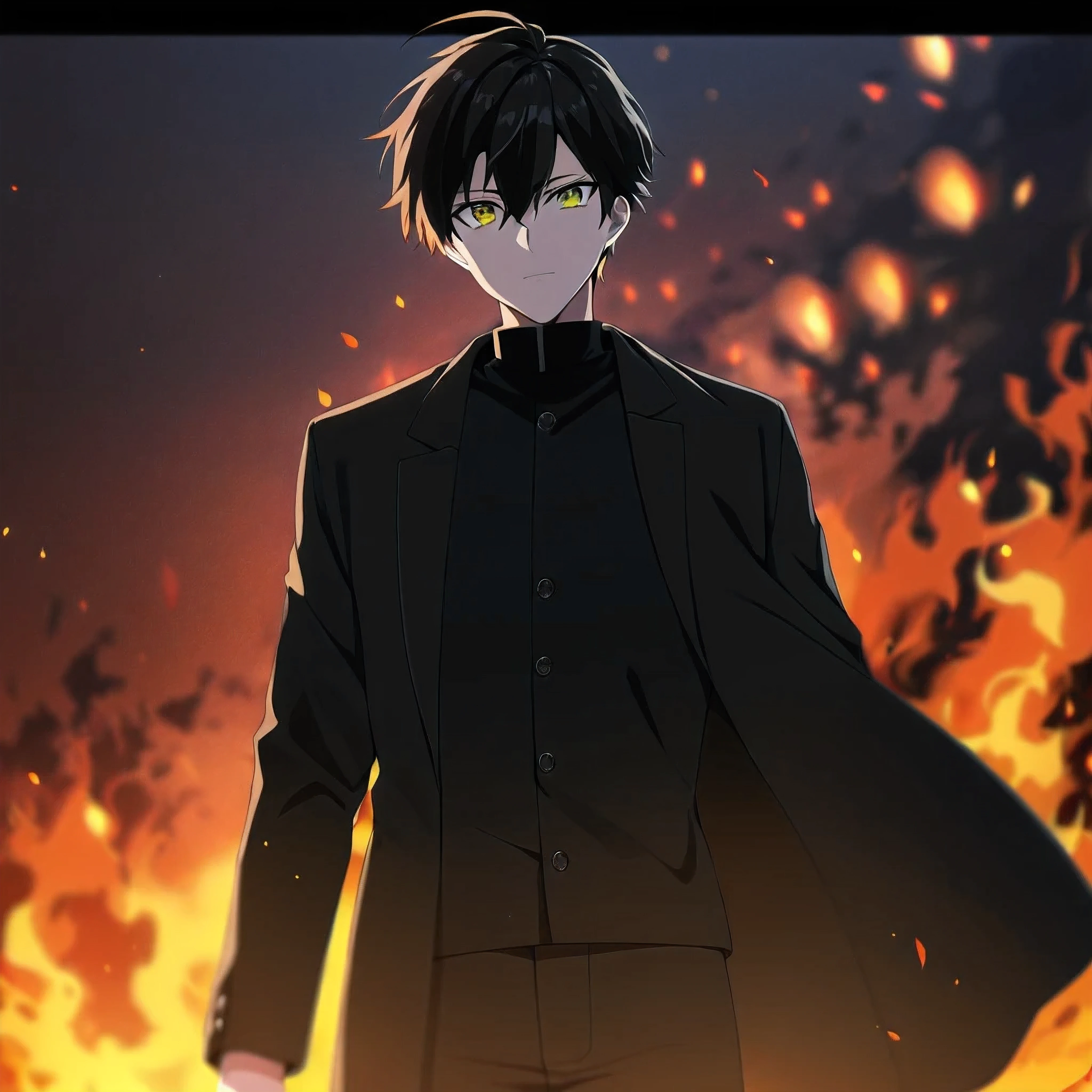 Anime guy with black outfit standing at night, , fire in background, blurred background, far view , masterpiece, highest quality, (solo focus), (perfect face:1.1), (high detail:1.1), (hyper detailed eyes), no human background 